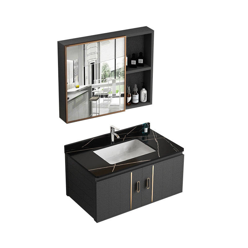 Rectangular Bathroom Vanity Modern Black Single-Sink Wall Mount Vanity Set Vanity & Faucet & Mirror Cabinet 31.5"L x 18.5"W x 17.7"H Black Clearhalo 'Bathroom Remodel & Bathroom Fixtures' 'Bathroom Vanities' 'bathroom_vanities' 'Home Improvement' 'home_improvement' 'home_improvement_bathroom_vanities' 7551493