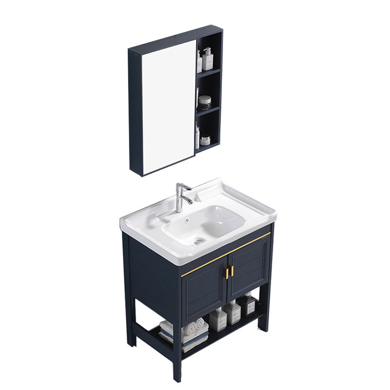 Glam Blue Sink Vanity Metal Frame Single Rectangular Bath Vanity Vanity & Faucet & Mirror Cabinet 28"L x 19"W x 32"H Clearhalo 'Bathroom Remodel & Bathroom Fixtures' 'Bathroom Vanities' 'bathroom_vanities' 'Home Improvement' 'home_improvement' 'home_improvement_bathroom_vanities' 7551604