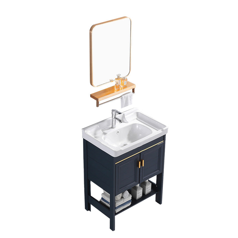 Glam Blue Sink Vanity Metal Frame Single Rectangular Bath Vanity Vanity & Faucet & Mirrors 24"L x 19"W x 32"H Clearhalo 'Bathroom Remodel & Bathroom Fixtures' 'Bathroom Vanities' 'bathroom_vanities' 'Home Improvement' 'home_improvement' 'home_improvement_bathroom_vanities' 7551608