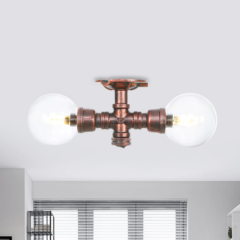 Clear Glass Copper Semi Mount Lighting Ball 2 Lights Antiqued LED Flush Mounted Lamp Copper A Clearhalo 'Ceiling Lights' 'Close To Ceiling Lights' 'Close to ceiling' 'Glass shade' 'Glass' 'Semi-flushmount' Lighting' 756553