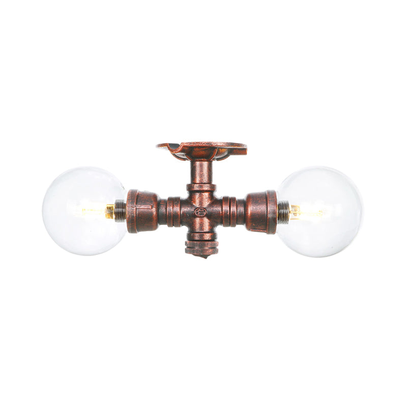 Clear Glass Copper Semi Mount Lighting Ball 2 Lights Antiqued LED Flush Mounted Lamp Clearhalo 'Ceiling Lights' 'Close To Ceiling Lights' 'Close to ceiling' 'Glass shade' 'Glass' 'Semi-flushmount' Lighting' 756554