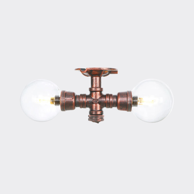 Clear Glass Copper Semi Mount Lighting Ball 2 Lights Antiqued LED Flush Mounted Lamp Clearhalo 'Ceiling Lights' 'Close To Ceiling Lights' 'Close to ceiling' 'Glass shade' 'Glass' 'Semi-flushmount' Lighting' 756555