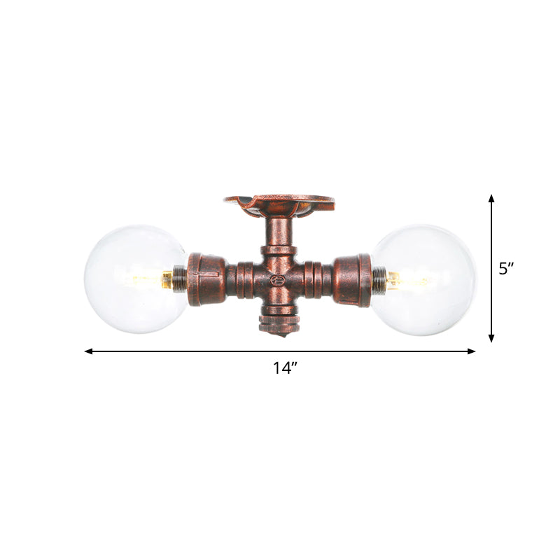 Clear Glass Copper Semi Mount Lighting Ball 2 Lights Antiqued LED Flush Mounted Lamp Clearhalo 'Ceiling Lights' 'Close To Ceiling Lights' 'Close to ceiling' 'Glass shade' 'Glass' 'Semi-flushmount' Lighting' 756556