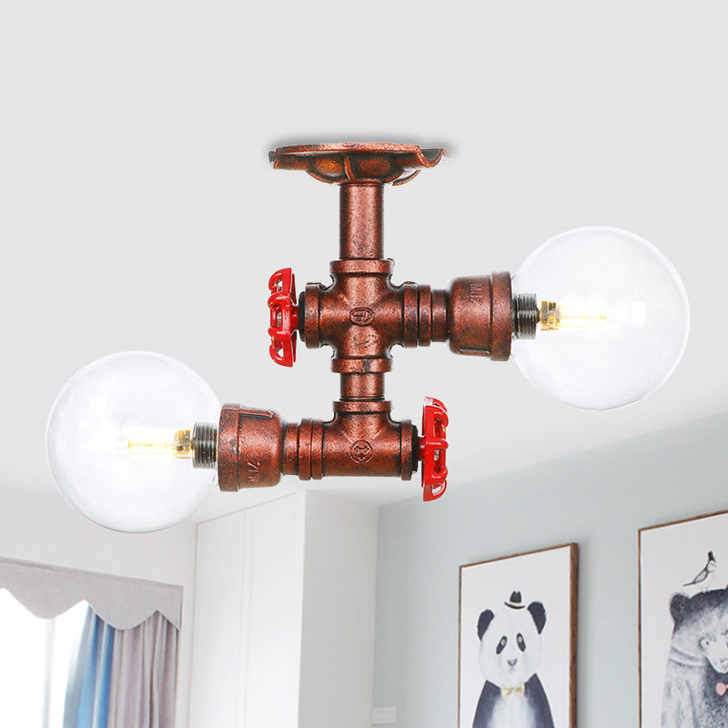 Clear Glass Copper Semi Mount Lighting Ball 2 Lights Antiqued LED Flush Mounted Lamp Copper B Clearhalo 'Ceiling Lights' 'Close To Ceiling Lights' 'Close to ceiling' 'Glass shade' 'Glass' 'Semi-flushmount' Lighting' 756557