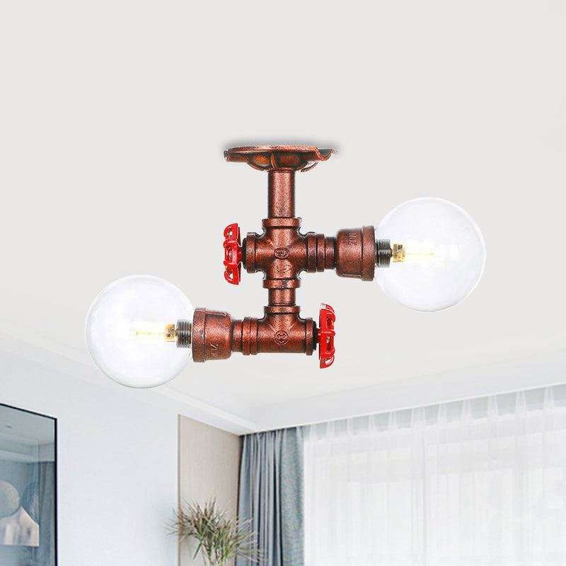 Clear Glass Copper Semi Mount Lighting Ball 2 Lights Antiqued LED Flush Mounted Lamp Clearhalo 'Ceiling Lights' 'Close To Ceiling Lights' 'Close to ceiling' 'Glass shade' 'Glass' 'Semi-flushmount' Lighting' 756558