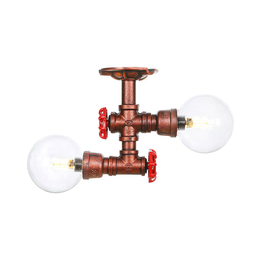 Clear Glass Copper Semi Mount Lighting Ball 2 Lights Antiqued LED Flush Mounted Lamp Clearhalo 'Ceiling Lights' 'Close To Ceiling Lights' 'Close to ceiling' 'Glass shade' 'Glass' 'Semi-flushmount' Lighting' 756559