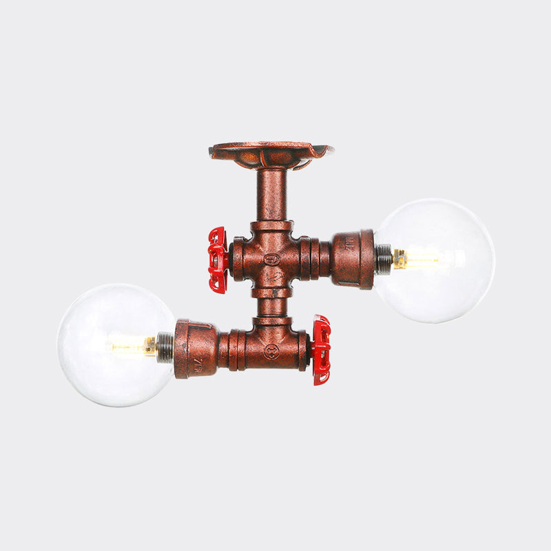 Clear Glass Copper Semi Mount Lighting Ball 2 Lights Antiqued LED Flush Mounted Lamp Clearhalo 'Ceiling Lights' 'Close To Ceiling Lights' 'Close to ceiling' 'Glass shade' 'Glass' 'Semi-flushmount' Lighting' 756560