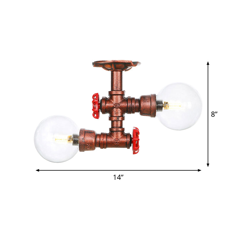 Clear Glass Copper Semi Mount Lighting Ball 2 Lights Antiqued LED Flush Mounted Lamp Clearhalo 'Ceiling Lights' 'Close To Ceiling Lights' 'Close to ceiling' 'Glass shade' 'Glass' 'Semi-flushmount' Lighting' 756561