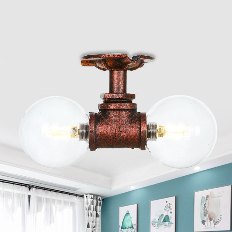 Clear Glass Copper Semi Mount Lighting Ball 2 Lights Antiqued LED Flush Mounted Lamp Copper C Clearhalo 'Ceiling Lights' 'Close To Ceiling Lights' 'Close to ceiling' 'Glass shade' 'Glass' 'Semi-flushmount' Lighting' 756562