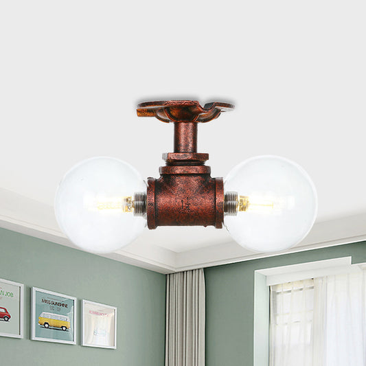 Clear Glass Copper Semi Mount Lighting Ball 2 Lights Antiqued LED Flush Mounted Lamp Clearhalo 'Ceiling Lights' 'Close To Ceiling Lights' 'Close to ceiling' 'Glass shade' 'Glass' 'Semi-flushmount' Lighting' 756563