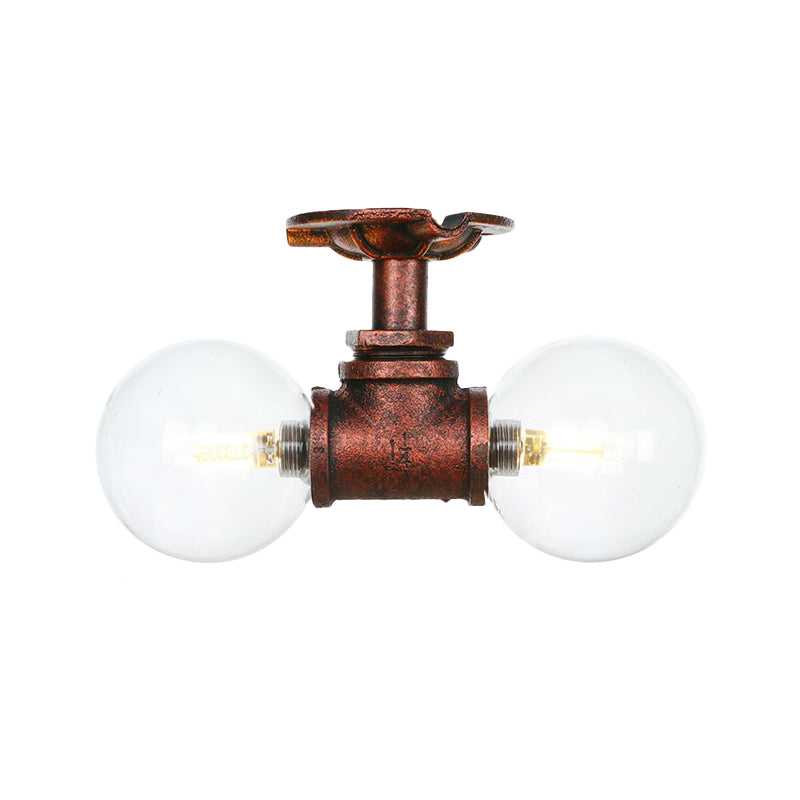 Clear Glass Copper Semi Mount Lighting Ball 2 Lights Antiqued LED Flush Mounted Lamp Clearhalo 'Ceiling Lights' 'Close To Ceiling Lights' 'Close to ceiling' 'Glass shade' 'Glass' 'Semi-flushmount' Lighting' 756564