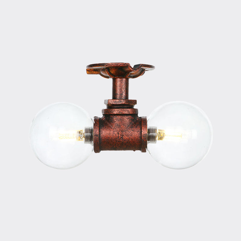 Clear Glass Copper Semi Mount Lighting Ball 2 Lights Antiqued LED Flush Mounted Lamp Clearhalo 'Ceiling Lights' 'Close To Ceiling Lights' 'Close to ceiling' 'Glass shade' 'Glass' 'Semi-flushmount' Lighting' 756565