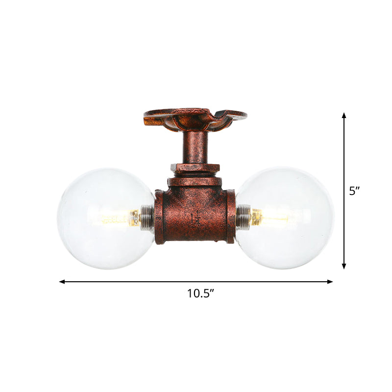 Clear Glass Copper Semi Mount Lighting Ball 2 Lights Antiqued LED Flush Mounted Lamp Clearhalo 'Ceiling Lights' 'Close To Ceiling Lights' 'Close to ceiling' 'Glass shade' 'Glass' 'Semi-flushmount' Lighting' 756566