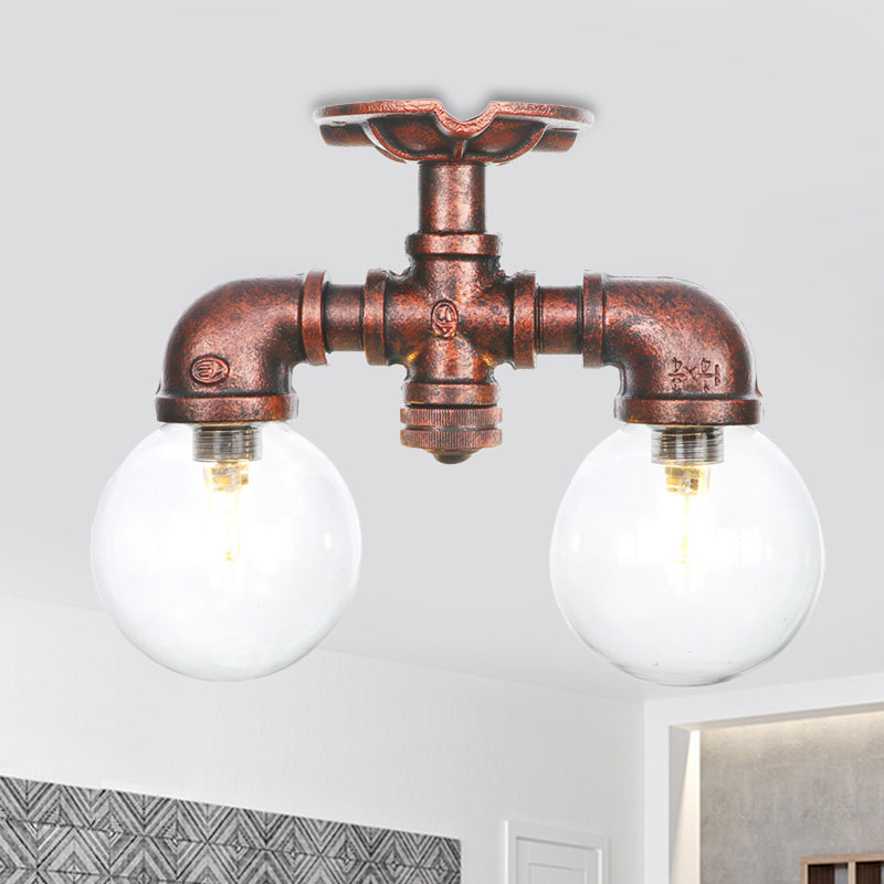 Clear Glass Copper Semi Mount Lighting Ball 2 Lights Antiqued LED Flush Mounted Lamp Copper D Clearhalo 'Ceiling Lights' 'Close To Ceiling Lights' 'Close to ceiling' 'Glass shade' 'Glass' 'Semi-flushmount' Lighting' 756567