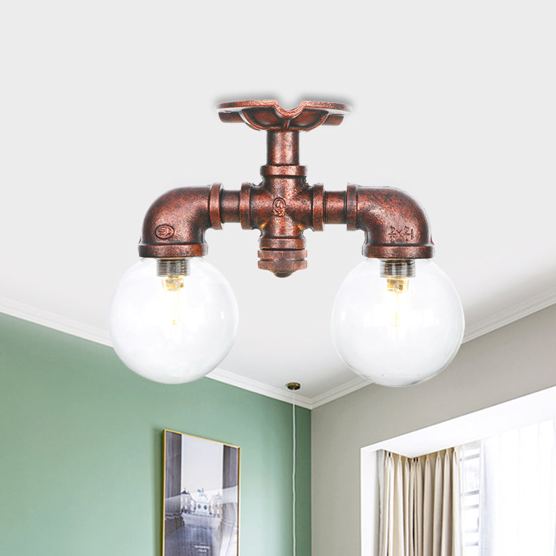 Clear Glass Copper Semi Mount Lighting Ball 2 Lights Antiqued LED Flush Mounted Lamp Clearhalo 'Ceiling Lights' 'Close To Ceiling Lights' 'Close to ceiling' 'Glass shade' 'Glass' 'Semi-flushmount' Lighting' 756568