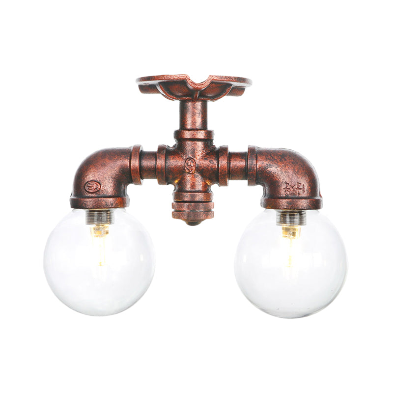 Clear Glass Copper Semi Mount Lighting Ball 2 Lights Antiqued LED Flush Mounted Lamp Clearhalo 'Ceiling Lights' 'Close To Ceiling Lights' 'Close to ceiling' 'Glass shade' 'Glass' 'Semi-flushmount' Lighting' 756569