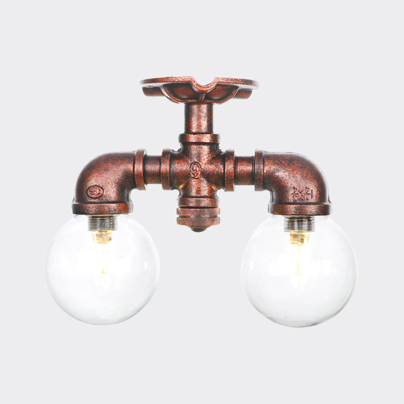 Clear Glass Copper Semi Mount Lighting Ball 2 Lights Antiqued LED Flush Mounted Lamp Clearhalo 'Ceiling Lights' 'Close To Ceiling Lights' 'Close to ceiling' 'Glass shade' 'Glass' 'Semi-flushmount' Lighting' 756570
