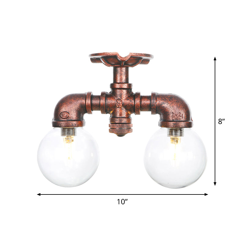 Clear Glass Copper Semi Mount Lighting Ball 2 Lights Antiqued LED Flush Mounted Lamp Clearhalo 'Ceiling Lights' 'Close To Ceiling Lights' 'Close to ceiling' 'Glass shade' 'Glass' 'Semi-flushmount' Lighting' 756571