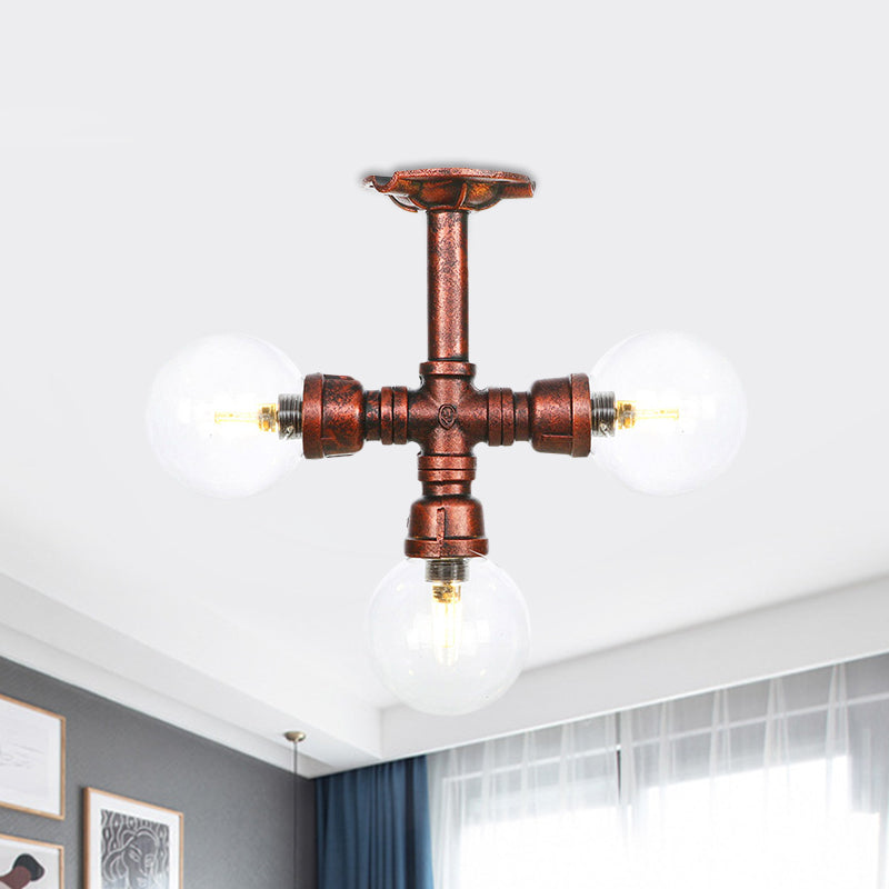 Rustic Global Semi-Flush Ceiling Fixture 3/4-Light Clear Glass Flush Mount Lighting in Copper Copper A Clearhalo 'Ceiling Lights' 'Close To Ceiling Lights' 'Close to ceiling' 'Glass shade' 'Glass' 'Semi-flushmount' Lighting' 756591
