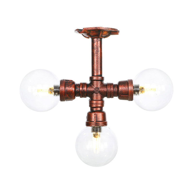 Rustic Global Semi-Flush Ceiling Fixture 3/4-Light Clear Glass Flush Mount Lighting in Copper Clearhalo 'Ceiling Lights' 'Close To Ceiling Lights' 'Close to ceiling' 'Glass shade' 'Glass' 'Semi-flushmount' Lighting' 756592
