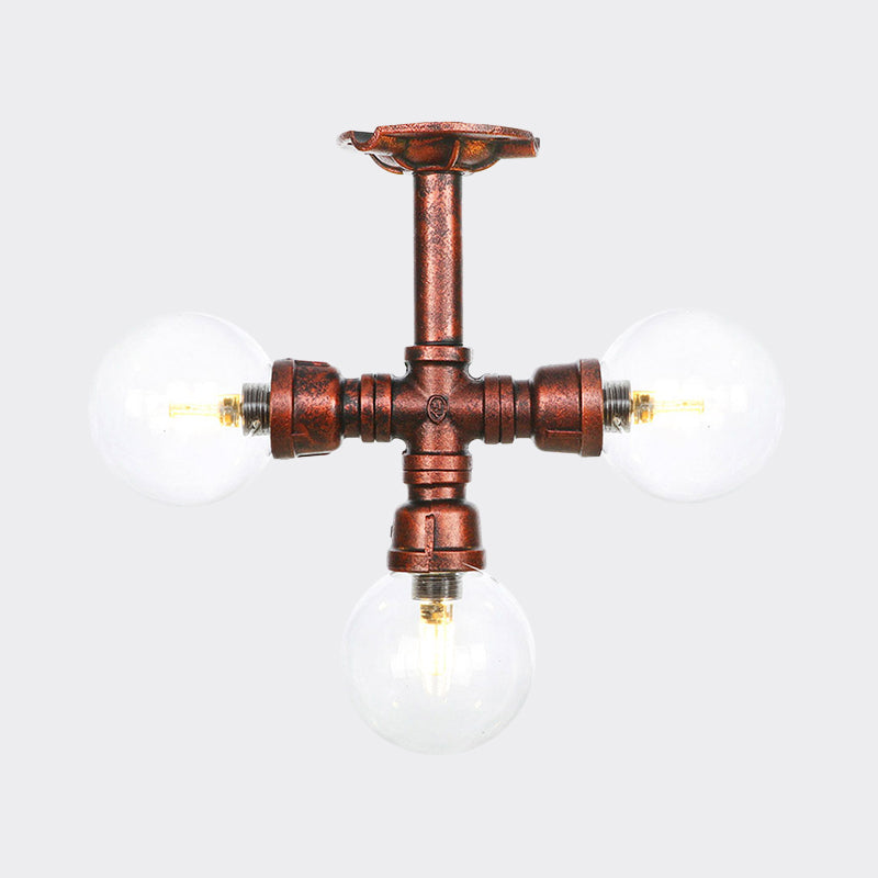 Rustic Global Semi-Flush Ceiling Fixture 3/4-Light Clear Glass Flush Mount Lighting in Copper Clearhalo 'Ceiling Lights' 'Close To Ceiling Lights' 'Close to ceiling' 'Glass shade' 'Glass' 'Semi-flushmount' Lighting' 756593