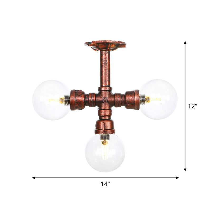 Rustic Global Semi-Flush Ceiling Fixture 3/4-Light Clear Glass Flush Mount Lighting in Copper Clearhalo 'Ceiling Lights' 'Close To Ceiling Lights' 'Close to ceiling' 'Glass shade' 'Glass' 'Semi-flushmount' Lighting' 756594