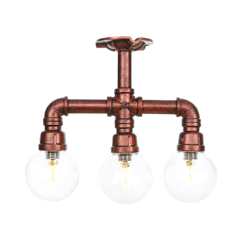 Rustic Global Semi-Flush Ceiling Fixture 3/4-Light Clear Glass Flush Mount Lighting in Copper Clearhalo 'Ceiling Lights' 'Close To Ceiling Lights' 'Close to ceiling' 'Glass shade' 'Glass' 'Semi-flushmount' Lighting' 756597