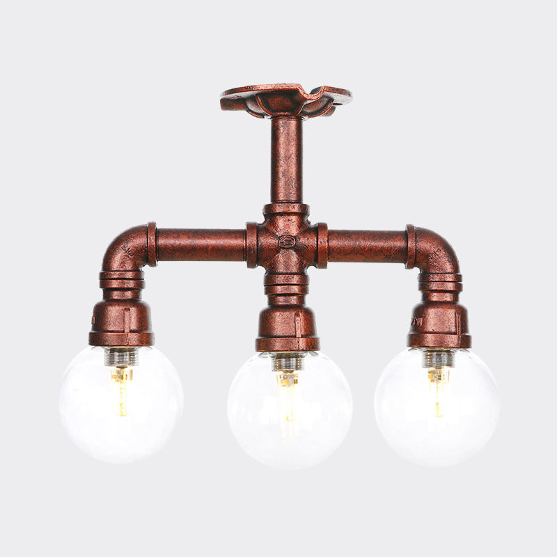 Rustic Global Semi-Flush Ceiling Fixture 3/4-Light Clear Glass Flush Mount Lighting in Copper Clearhalo 'Ceiling Lights' 'Close To Ceiling Lights' 'Close to ceiling' 'Glass shade' 'Glass' 'Semi-flushmount' Lighting' 756598
