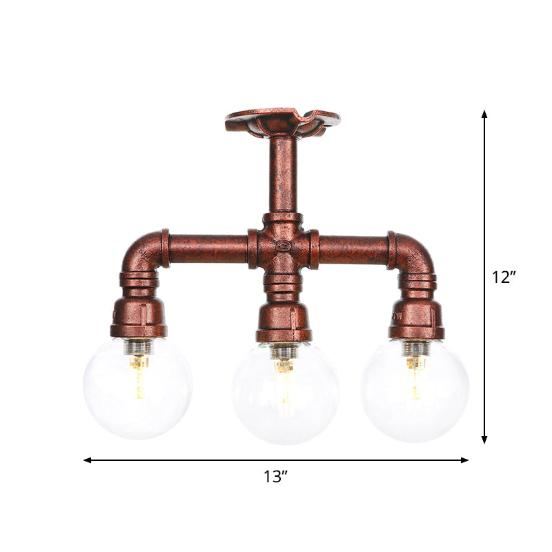 Rustic Global Semi-Flush Ceiling Fixture 3/4-Light Clear Glass Flush Mount Lighting in Copper Clearhalo 'Ceiling Lights' 'Close To Ceiling Lights' 'Close to ceiling' 'Glass shade' 'Glass' 'Semi-flushmount' Lighting' 756599