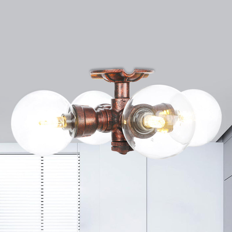Rustic Global Semi-Flush Ceiling Fixture 3/4-Light Clear Glass Flush Mount Lighting in Copper Copper C Clearhalo 'Ceiling Lights' 'Close To Ceiling Lights' 'Close to ceiling' 'Glass shade' 'Glass' 'Semi-flushmount' Lighting' 756600