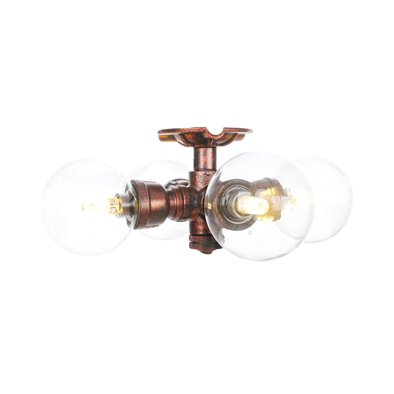 Rustic Global Semi-Flush Ceiling Fixture 3/4-Light Clear Glass Flush Mount Lighting in Copper Clearhalo 'Ceiling Lights' 'Close To Ceiling Lights' 'Close to ceiling' 'Glass shade' 'Glass' 'Semi-flushmount' Lighting' 756602