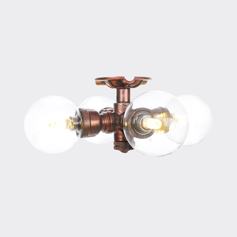 Rustic Global Semi-Flush Ceiling Fixture 3/4-Light Clear Glass Flush Mount Lighting in Copper Clearhalo 'Ceiling Lights' 'Close To Ceiling Lights' 'Close to ceiling' 'Glass shade' 'Glass' 'Semi-flushmount' Lighting' 756603