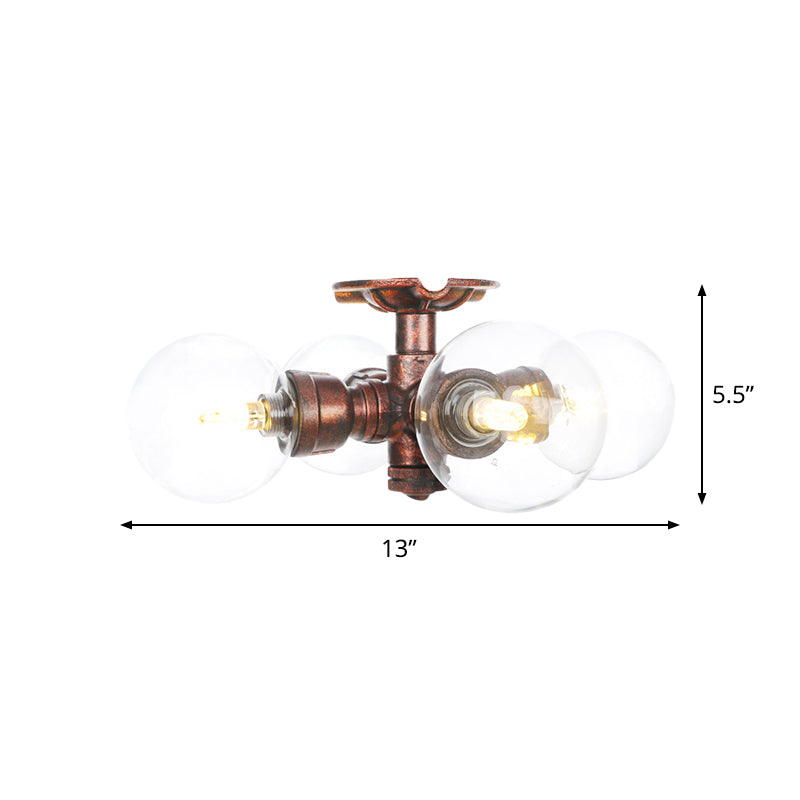 Rustic Global Semi-Flush Ceiling Fixture 3/4-Light Clear Glass Flush Mount Lighting in Copper Clearhalo 'Ceiling Lights' 'Close To Ceiling Lights' 'Close to ceiling' 'Glass shade' 'Glass' 'Semi-flushmount' Lighting' 756604