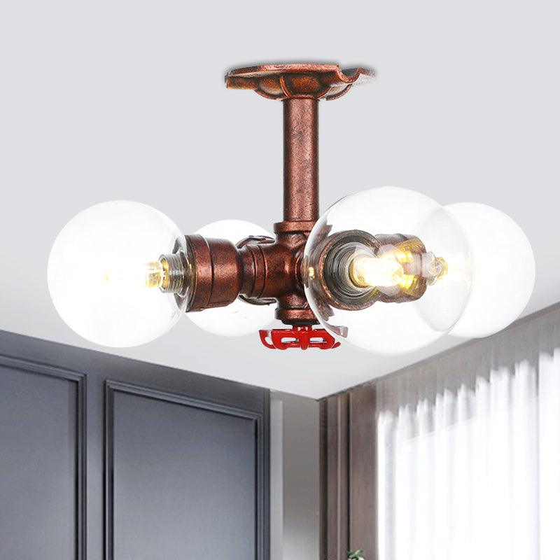 Rustic Global Semi-Flush Ceiling Fixture 3/4-Light Clear Glass Flush Mount Lighting in Copper Copper D Clearhalo 'Ceiling Lights' 'Close To Ceiling Lights' 'Close to ceiling' 'Glass shade' 'Glass' 'Semi-flushmount' Lighting' 756605
