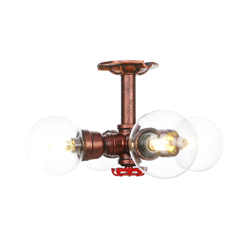 Rustic Global Semi-Flush Ceiling Fixture 3/4-Light Clear Glass Flush Mount Lighting in Copper Clearhalo 'Ceiling Lights' 'Close To Ceiling Lights' 'Close to ceiling' 'Glass shade' 'Glass' 'Semi-flushmount' Lighting' 756607