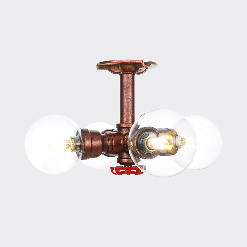 Rustic Global Semi-Flush Ceiling Fixture 3/4-Light Clear Glass Flush Mount Lighting in Copper Clearhalo 'Ceiling Lights' 'Close To Ceiling Lights' 'Close to ceiling' 'Glass shade' 'Glass' 'Semi-flushmount' Lighting' 756608
