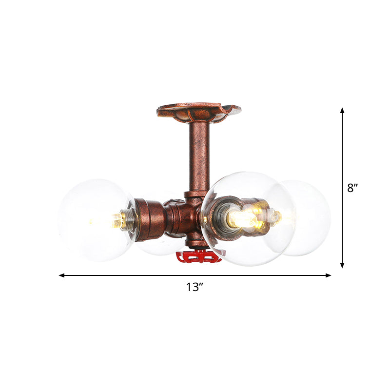 Rustic Global Semi-Flush Ceiling Fixture 3/4-Light Clear Glass Flush Mount Lighting in Copper Clearhalo 'Ceiling Lights' 'Close To Ceiling Lights' 'Close to ceiling' 'Glass shade' 'Glass' 'Semi-flushmount' Lighting' 756609