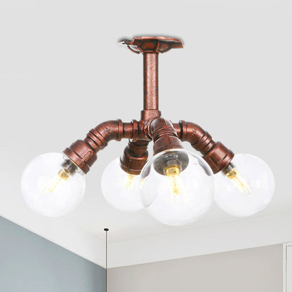 Ball Clear Glass Semi-Flush Ceiling Light Farmhouse 4/5/6 Heads Restaurant Flushmount Lamp in Copper Copper B Clearhalo 'Ceiling Lights' 'Close To Ceiling Lights' 'Close to ceiling' 'Glass shade' 'Glass' 'Semi-flushmount' Lighting' 756614