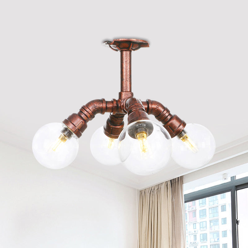 Ball Clear Glass Semi-Flush Ceiling Light Farmhouse 4/5/6 Heads Restaurant Flushmount Lamp in Copper Clearhalo 'Ceiling Lights' 'Close To Ceiling Lights' 'Close to ceiling' 'Glass shade' 'Glass' 'Semi-flushmount' Lighting' 756615