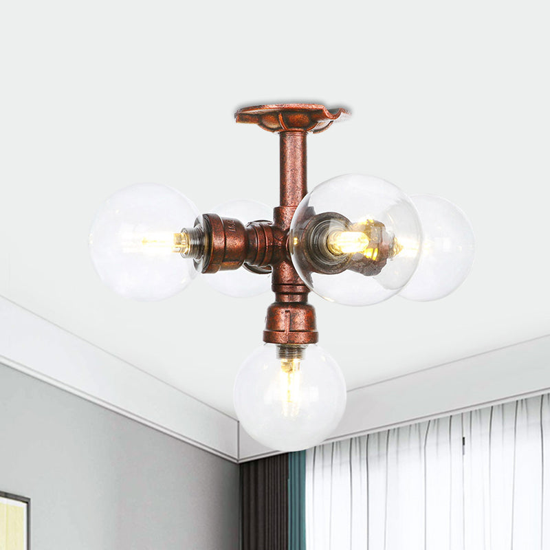 Ball Clear Glass Semi-Flush Ceiling Light Farmhouse 4/5/6 Heads Restaurant Flushmount Lamp in Copper Clearhalo 'Ceiling Lights' 'Close To Ceiling Lights' 'Close to ceiling' 'Glass shade' 'Glass' 'Semi-flushmount' Lighting' 756620