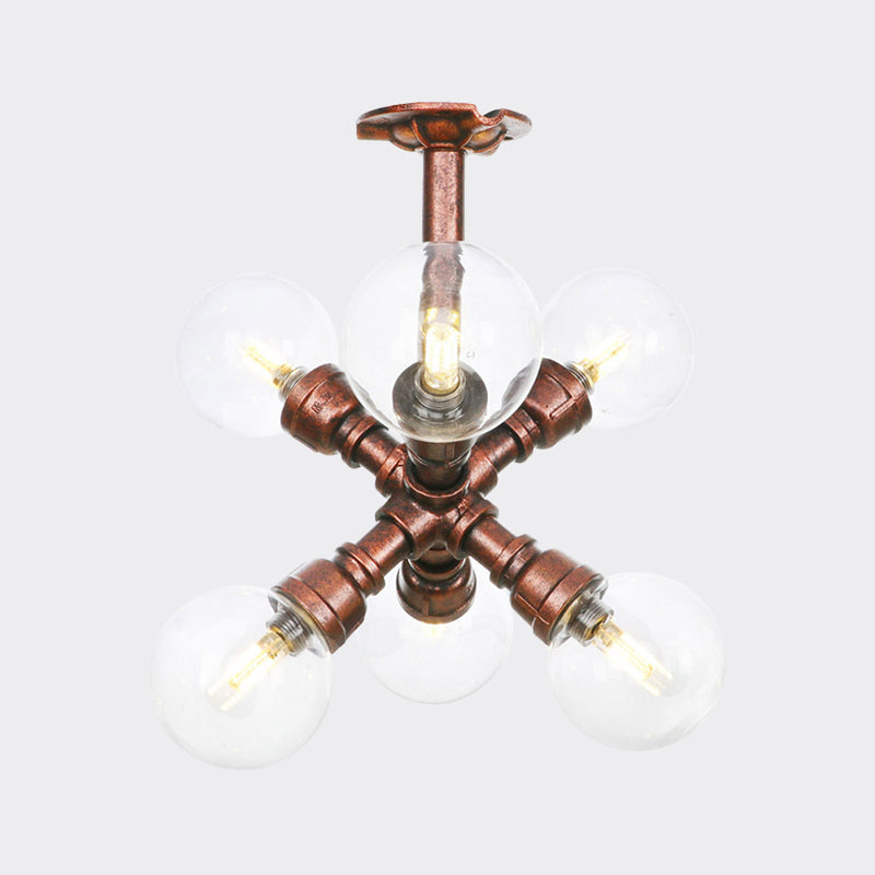 Ball Clear Glass Semi-Flush Ceiling Light Farmhouse 4/5/6 Heads Restaurant Flushmount Lamp in Copper Clearhalo 'Ceiling Lights' 'Close To Ceiling Lights' 'Close to ceiling' 'Glass shade' 'Glass' 'Semi-flushmount' Lighting' 756627