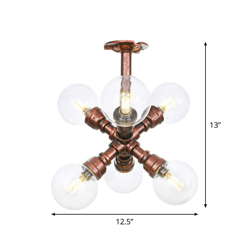 Ball Clear Glass Semi-Flush Ceiling Light Farmhouse 4/5/6 Heads Restaurant Flushmount Lamp in Copper Clearhalo 'Ceiling Lights' 'Close To Ceiling Lights' 'Close to ceiling' 'Glass shade' 'Glass' 'Semi-flushmount' Lighting' 756628