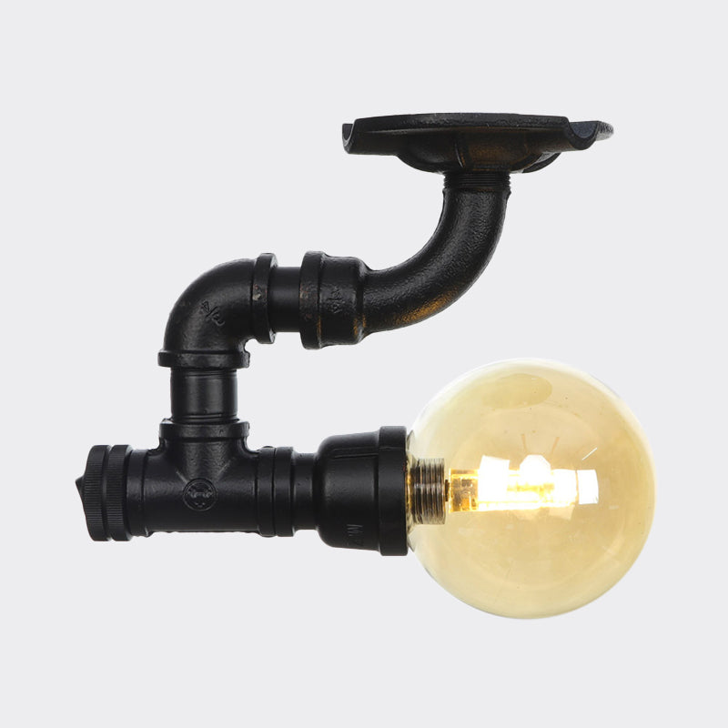 1-Light Ball Semi Flush Mount Light Vintage Black Finish Amber Glass Ceiling Lamp Fixture Clearhalo 'Ceiling Lights' 'Close To Ceiling Lights' 'Close to ceiling' 'Glass shade' 'Glass' 'Semi-flushmount' Lighting' 756636
