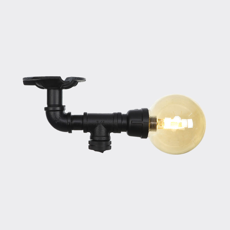 1-Light Ball Semi Flush Mount Light Vintage Black Finish Amber Glass Ceiling Lamp Fixture Clearhalo 'Ceiling Lights' 'Close To Ceiling Lights' 'Close to ceiling' 'Glass shade' 'Glass' 'Semi-flushmount' Lighting' 756641