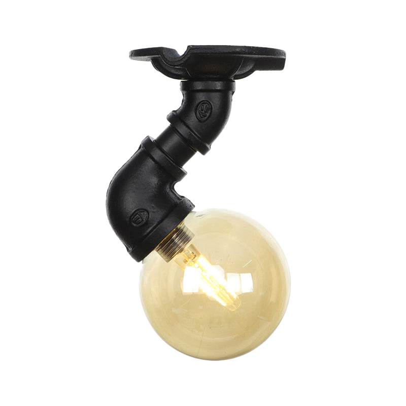 1-Light Ball Semi Flush Mount Light Vintage Black Finish Amber Glass Ceiling Lamp Fixture Clearhalo 'Ceiling Lights' 'Close To Ceiling Lights' 'Close to ceiling' 'Glass shade' 'Glass' 'Semi-flushmount' Lighting' 756645