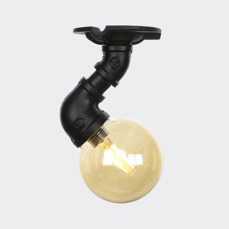 1-Light Ball Semi Flush Mount Light Vintage Black Finish Amber Glass Ceiling Lamp Fixture Clearhalo 'Ceiling Lights' 'Close To Ceiling Lights' 'Close to ceiling' 'Glass shade' 'Glass' 'Semi-flushmount' Lighting' 756646