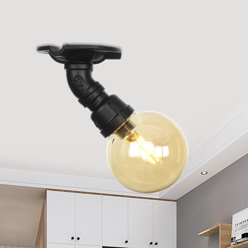 Global Amber Glass Semi Flush Light Fixture Industrial 1 Head Foyer Ceiling Mounted Lamp in Black Black A Clearhalo 'Ceiling Lights' 'Close To Ceiling Lights' 'Close to ceiling' 'Glass shade' 'Glass' 'Semi-flushmount' Lighting' 756648