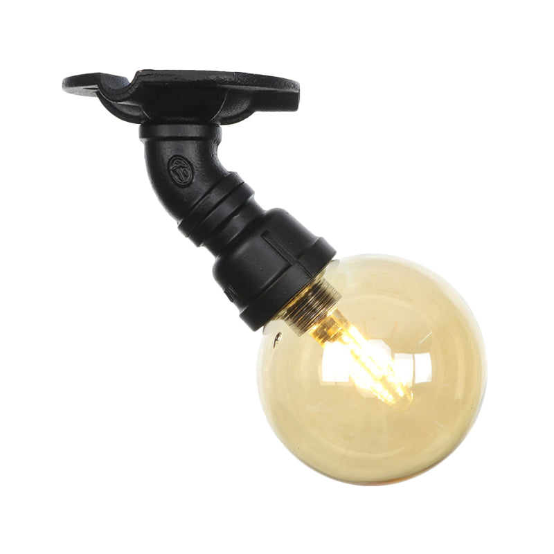 Global Amber Glass Semi Flush Light Fixture Industrial 1 Head Foyer Ceiling Mounted Lamp in Black Clearhalo 'Ceiling Lights' 'Close To Ceiling Lights' 'Close to ceiling' 'Glass shade' 'Glass' 'Semi-flushmount' Lighting' 756649