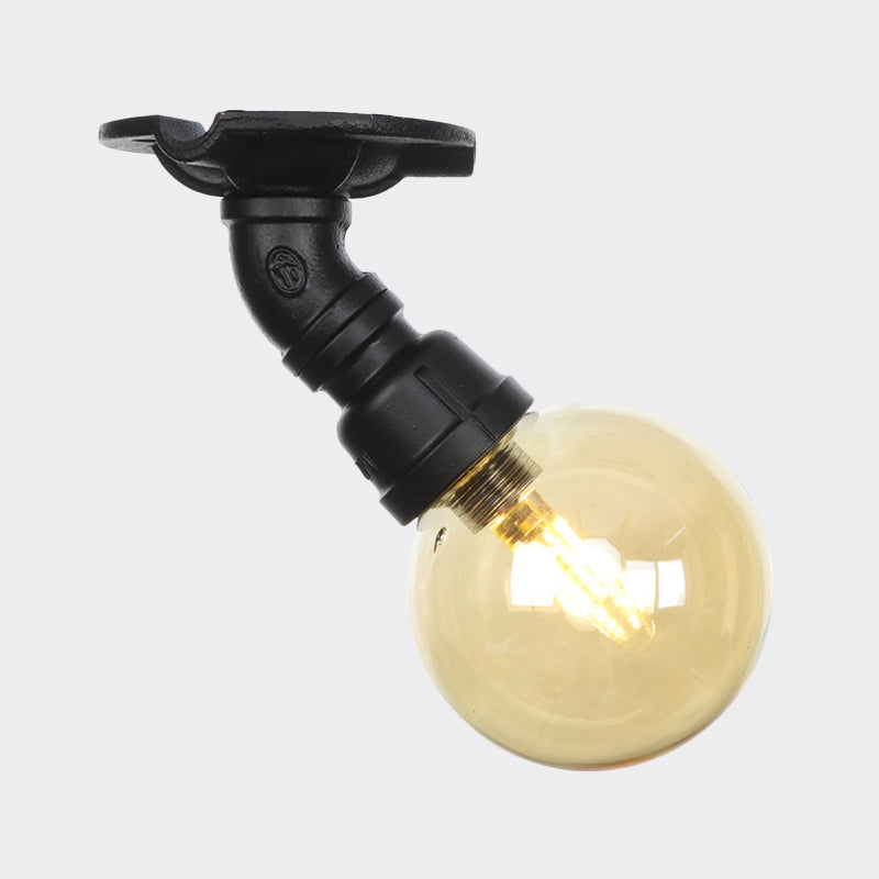 Global Amber Glass Semi Flush Light Fixture Industrial 1 Head Foyer Ceiling Mounted Lamp in Black Clearhalo 'Ceiling Lights' 'Close To Ceiling Lights' 'Close to ceiling' 'Glass shade' 'Glass' 'Semi-flushmount' Lighting' 756650