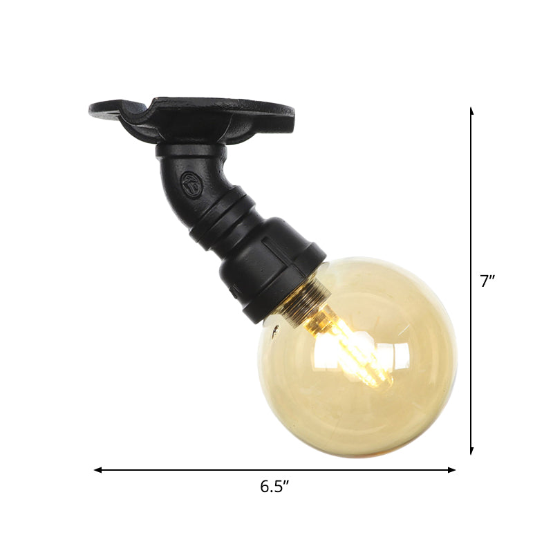 Global Amber Glass Semi Flush Light Fixture Industrial 1 Head Foyer Ceiling Mounted Lamp in Black Clearhalo 'Ceiling Lights' 'Close To Ceiling Lights' 'Close to ceiling' 'Glass shade' 'Glass' 'Semi-flushmount' Lighting' 756651